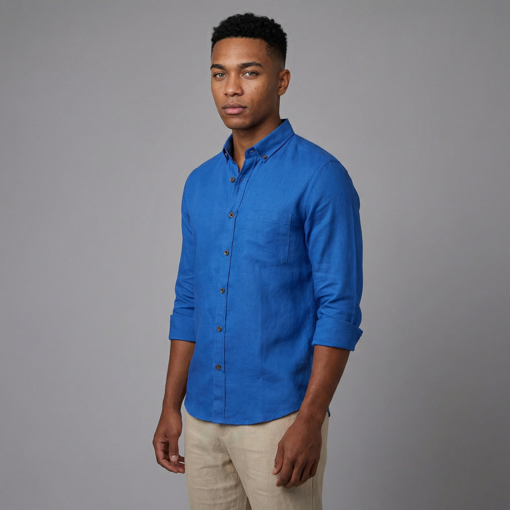 Camisa Manga Larga en Lino Azul Rey