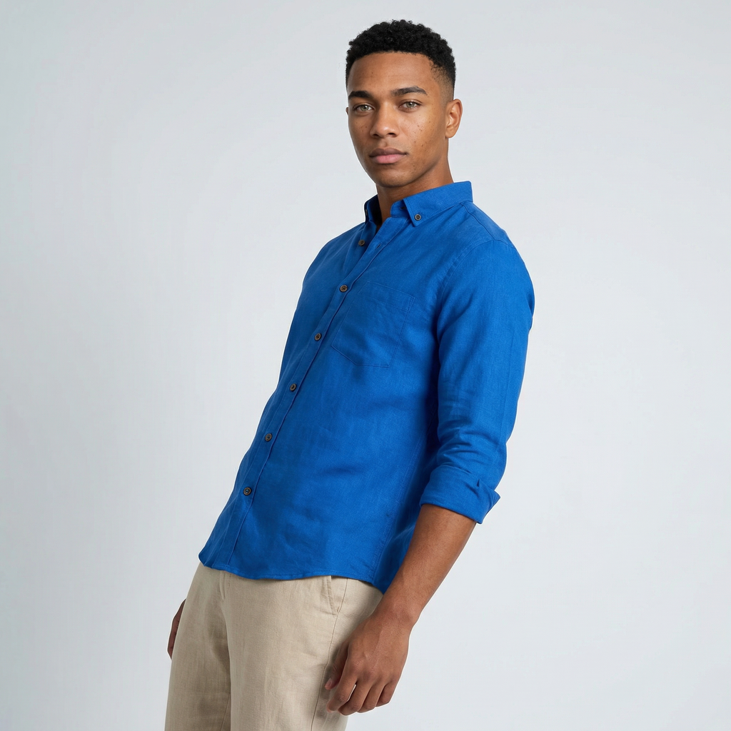 Camisa Manga Larga en Lino Azul Rey