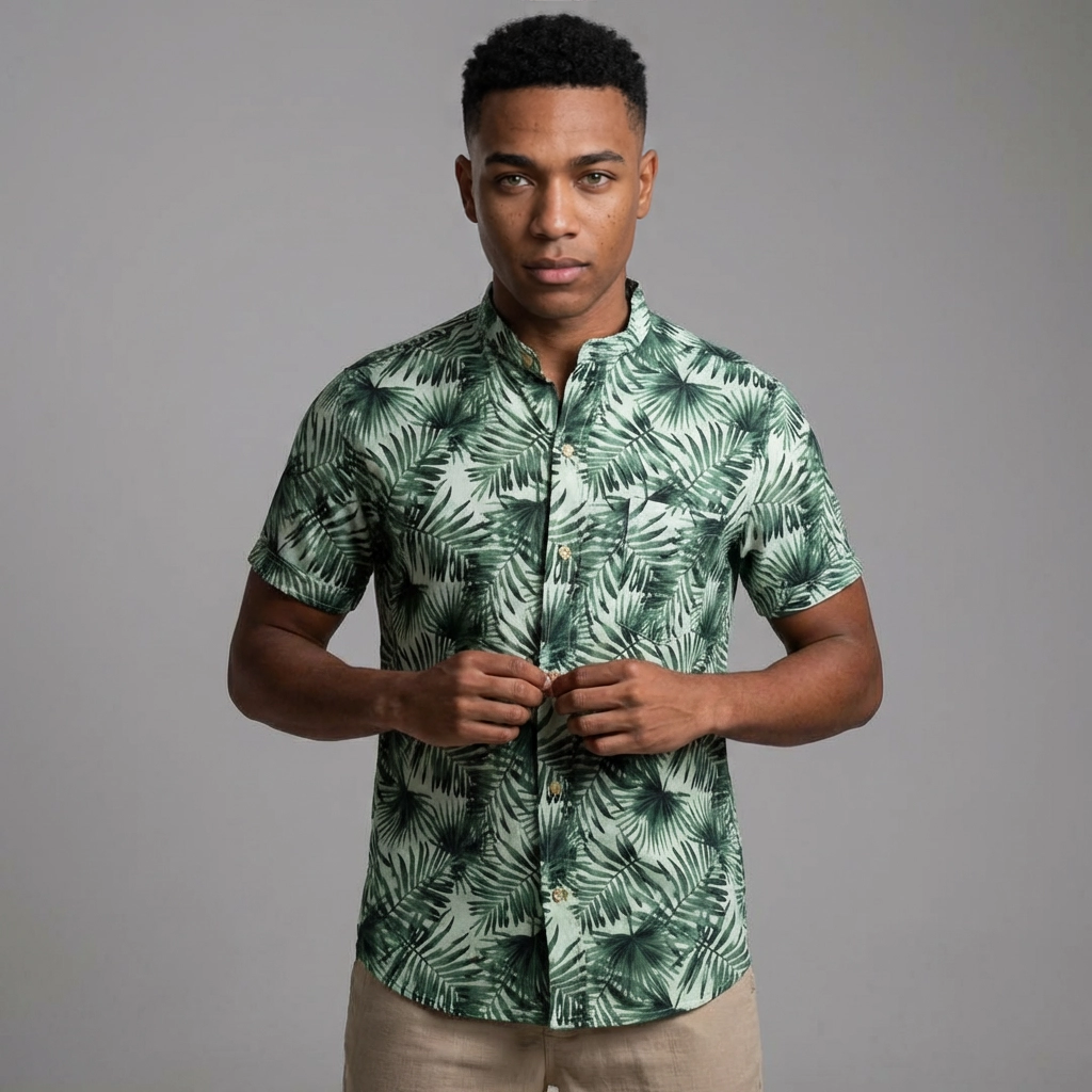 Camisa Lino - Verde Selva Hojas Tropicales