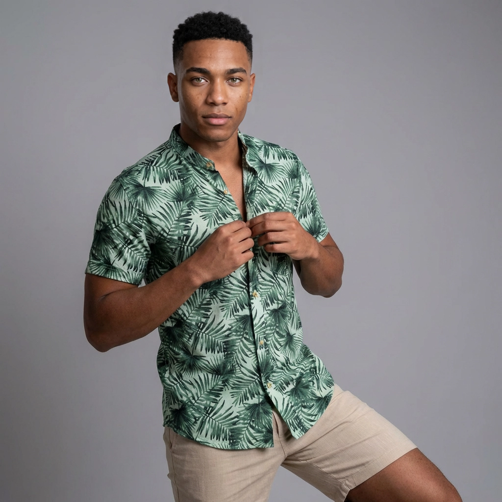 Camisa Lino - Verde Selva Hojas Tropicales