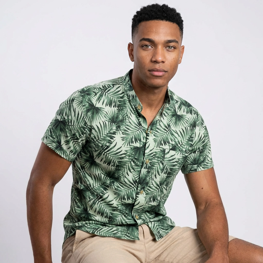 Camisa Lino - Verde Selva Hojas Tropicales