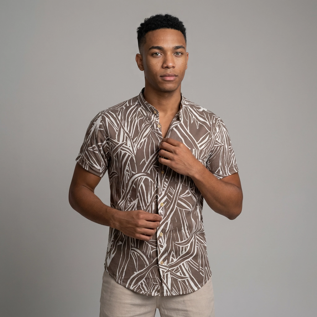 Camisa Lino - Hojas Abstractas Blancas