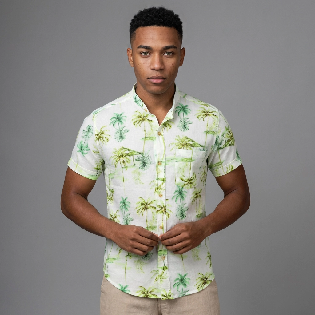 Camisa Lino Verdes Acuarela - Manga Corta Tropical