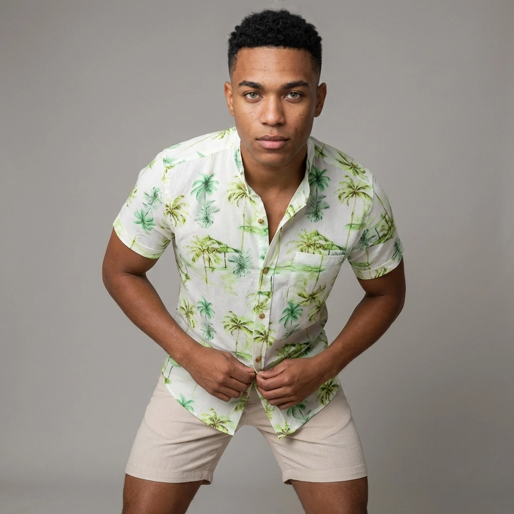 Camisa Lino Verdes Acuarela - Manga Corta Tropical