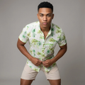 Camisa Lino Verdes Acuarela - Manga Corta Tropical