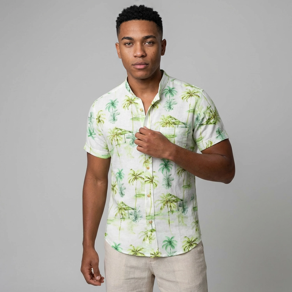 Camisa Lino Verdes Acuarela - Manga Corta Tropical