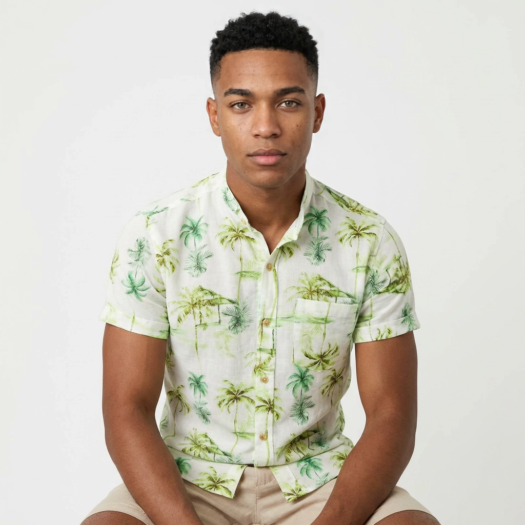 Camisa Lino Verdes Acuarela - Manga Corta Tropical