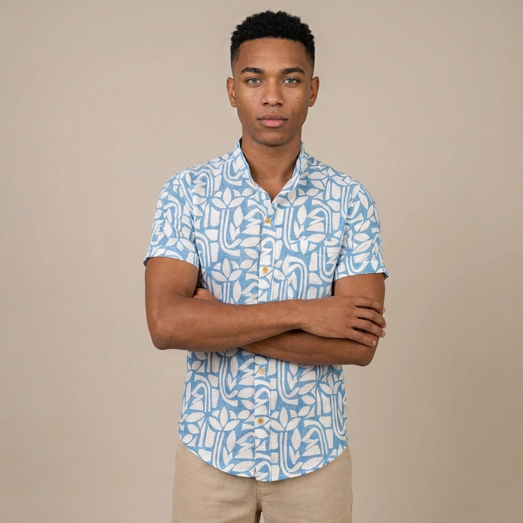 Camisa Lino  - Abstracto Azul