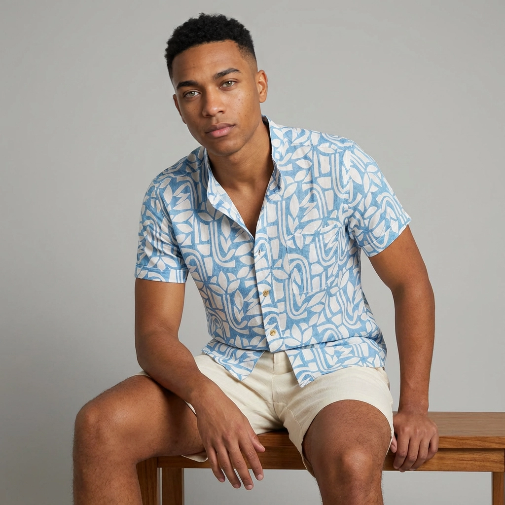 Camisa Lino  - Abstracto Azul