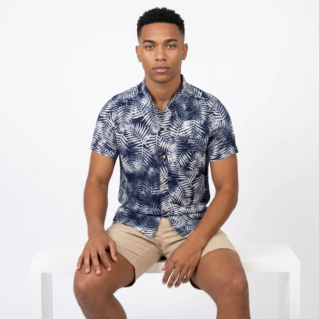 Camisa Lino - Azul Marino Tropical