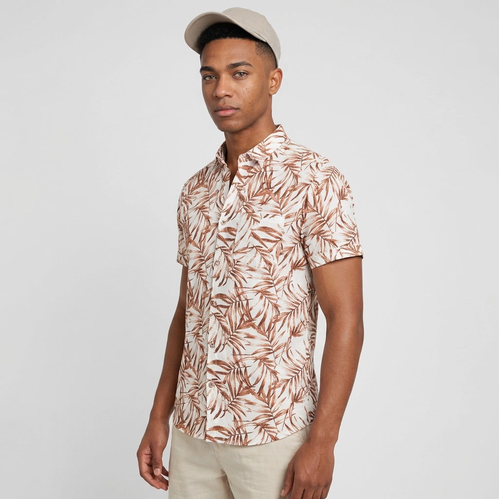 Camisa Lino Beige Hojas Terracota - Manga Corta Tonos Tierra