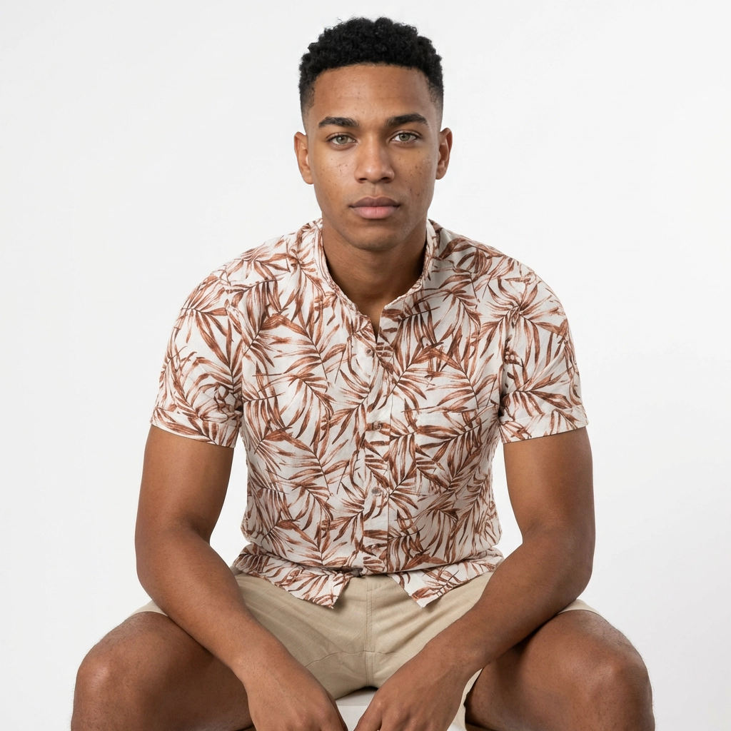 Camisa Lino Beige Hojas Terracota - Manga Corta Tonos Tierra