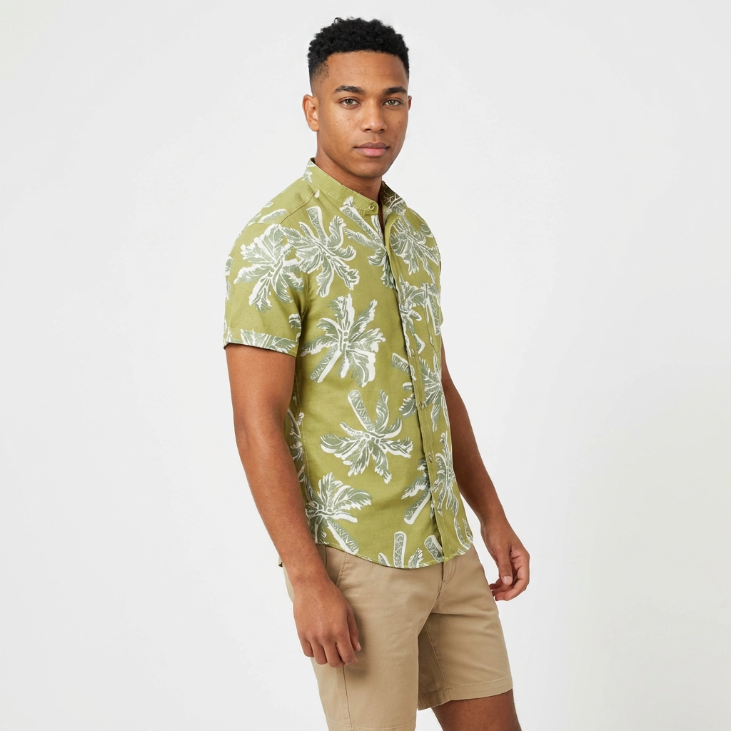 Camisa Lino Verde OlivA PALMERA BEACH  - Manga Corta Tropical