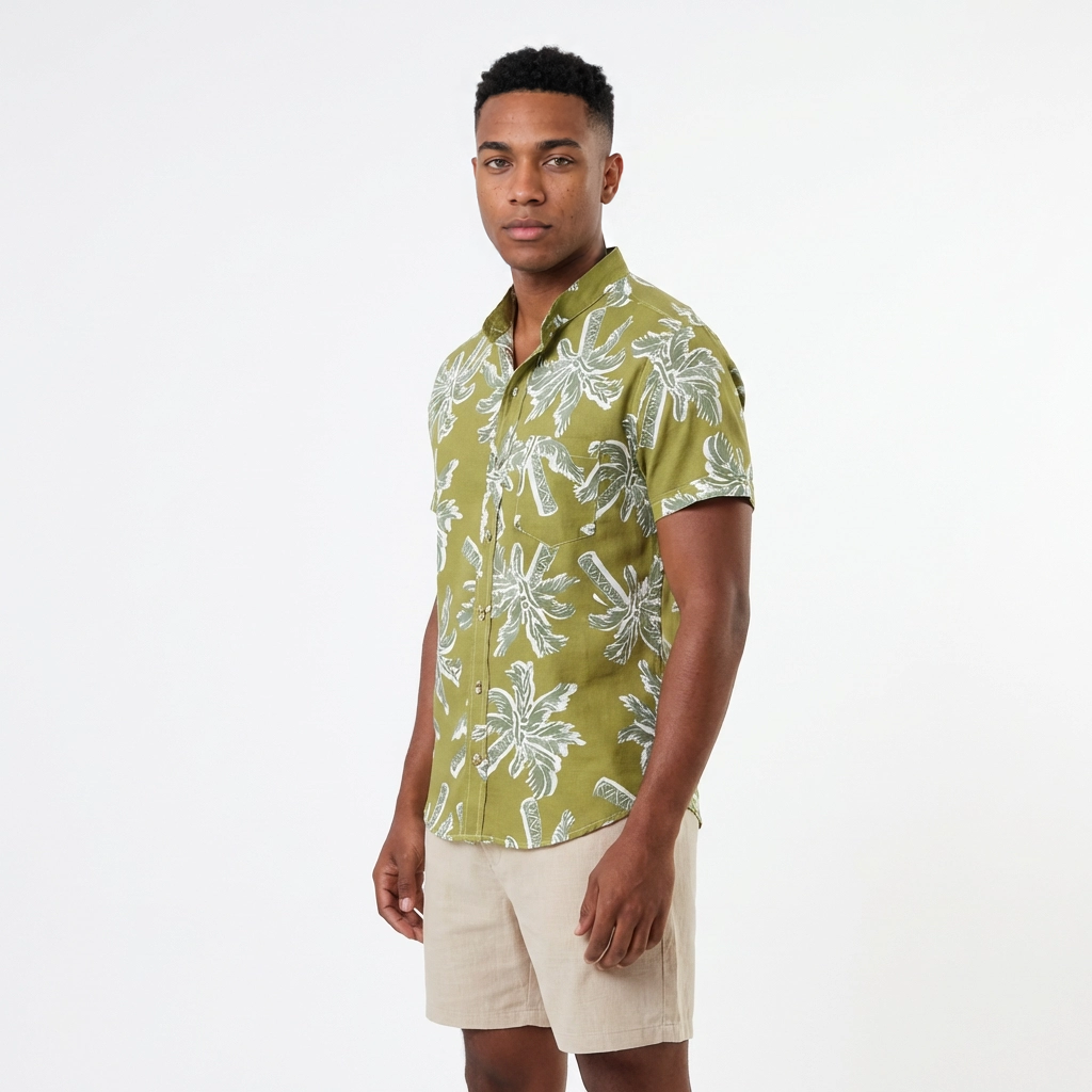 Camisa Lino Verde OlivA PALMERA BEACH  - Manga Corta Tropical