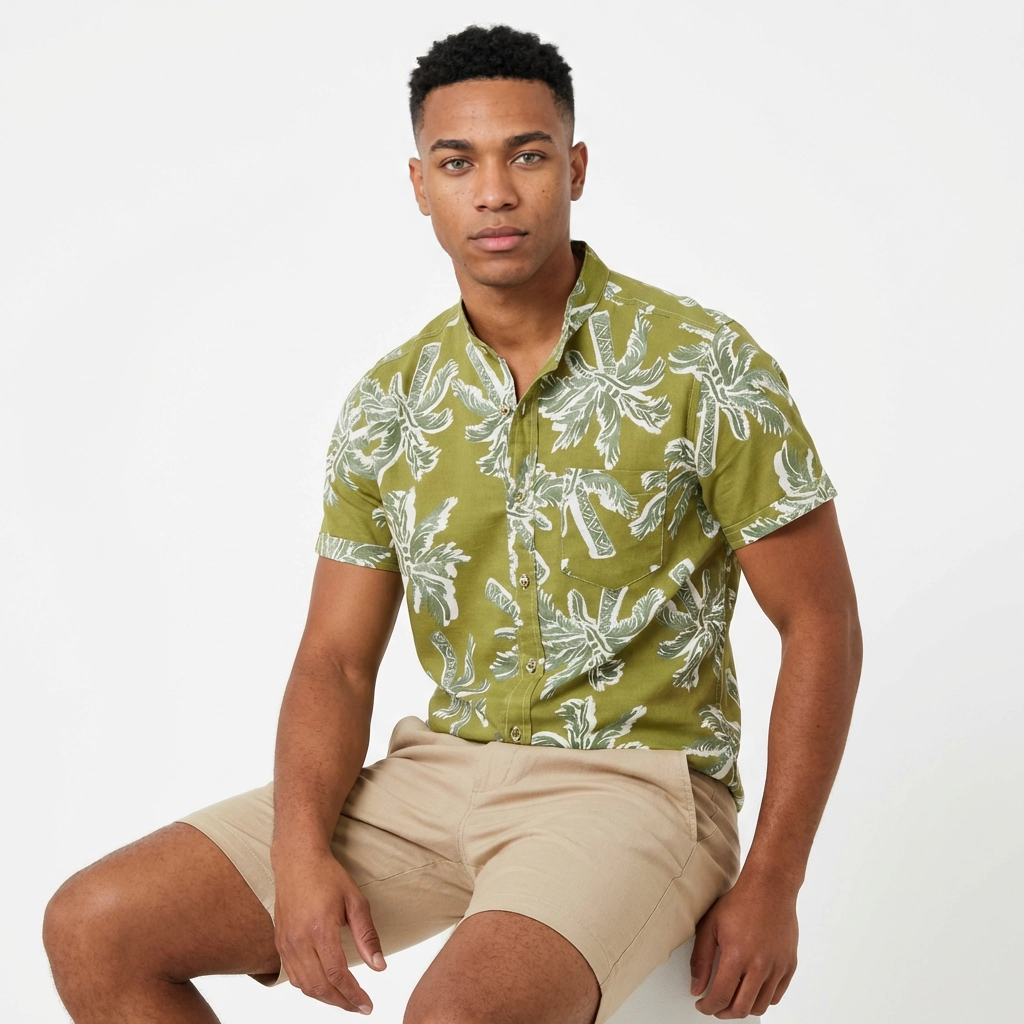 Camisa Lino Verde OlivA PALMERA BEACH  - Manga Corta Tropical