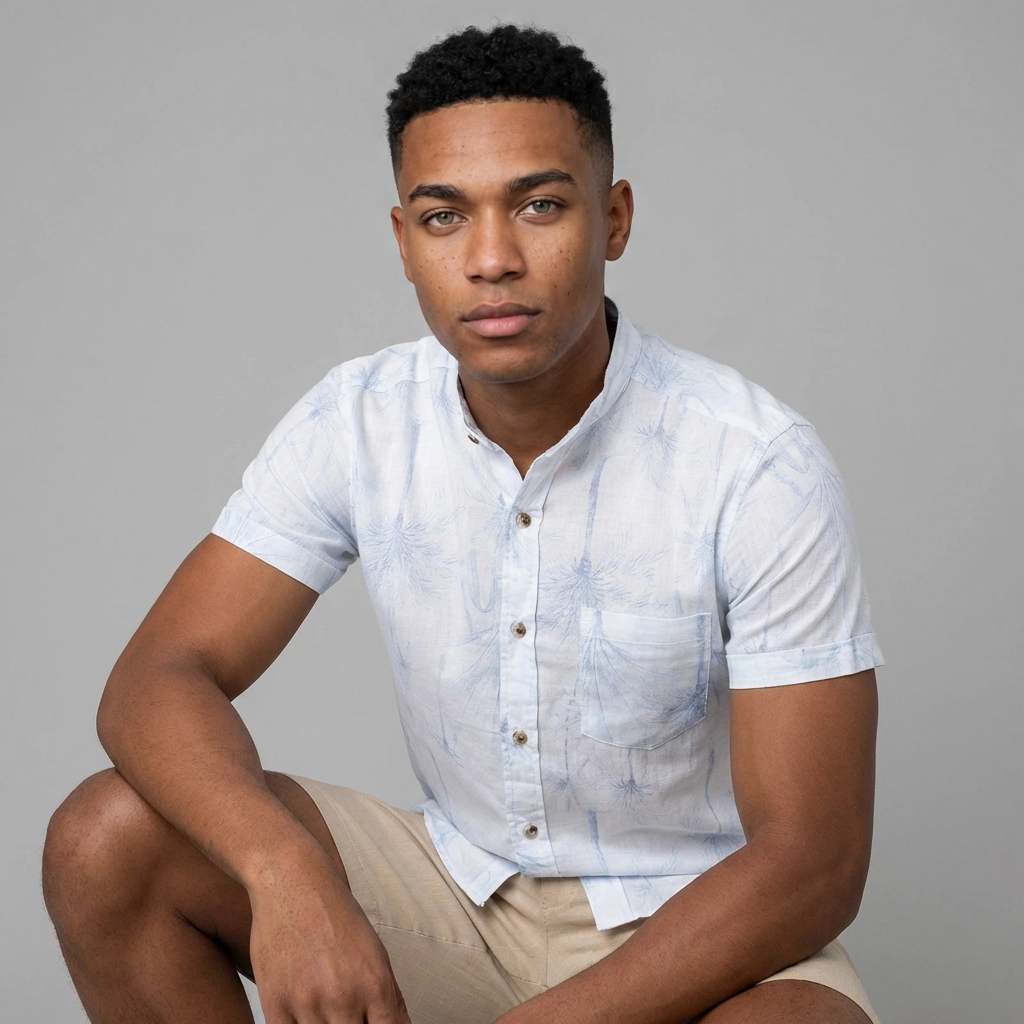 Camisa Lino Blanca Palmeras Azul Cielo - Manga Corta Verano