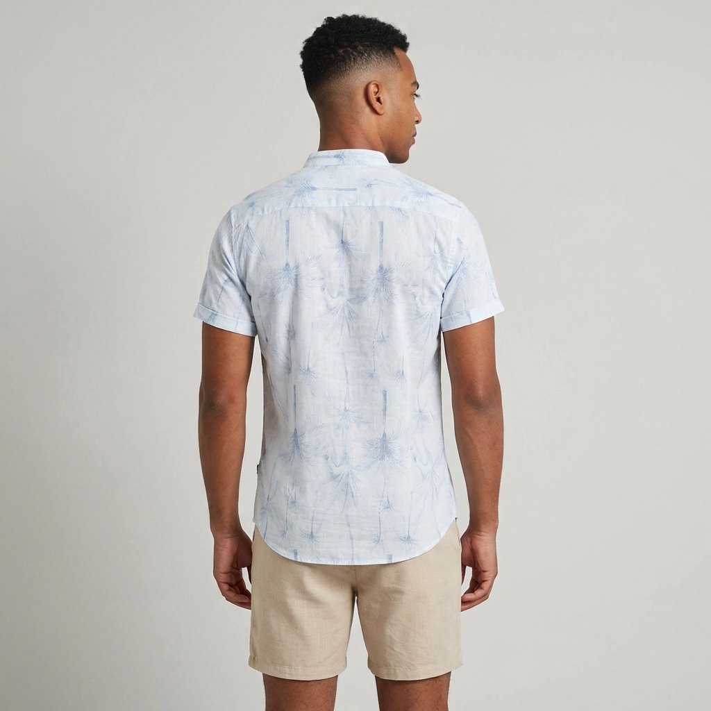 Camisa Lino Blanca Palmeras Azul Cielo - Manga Corta Verano