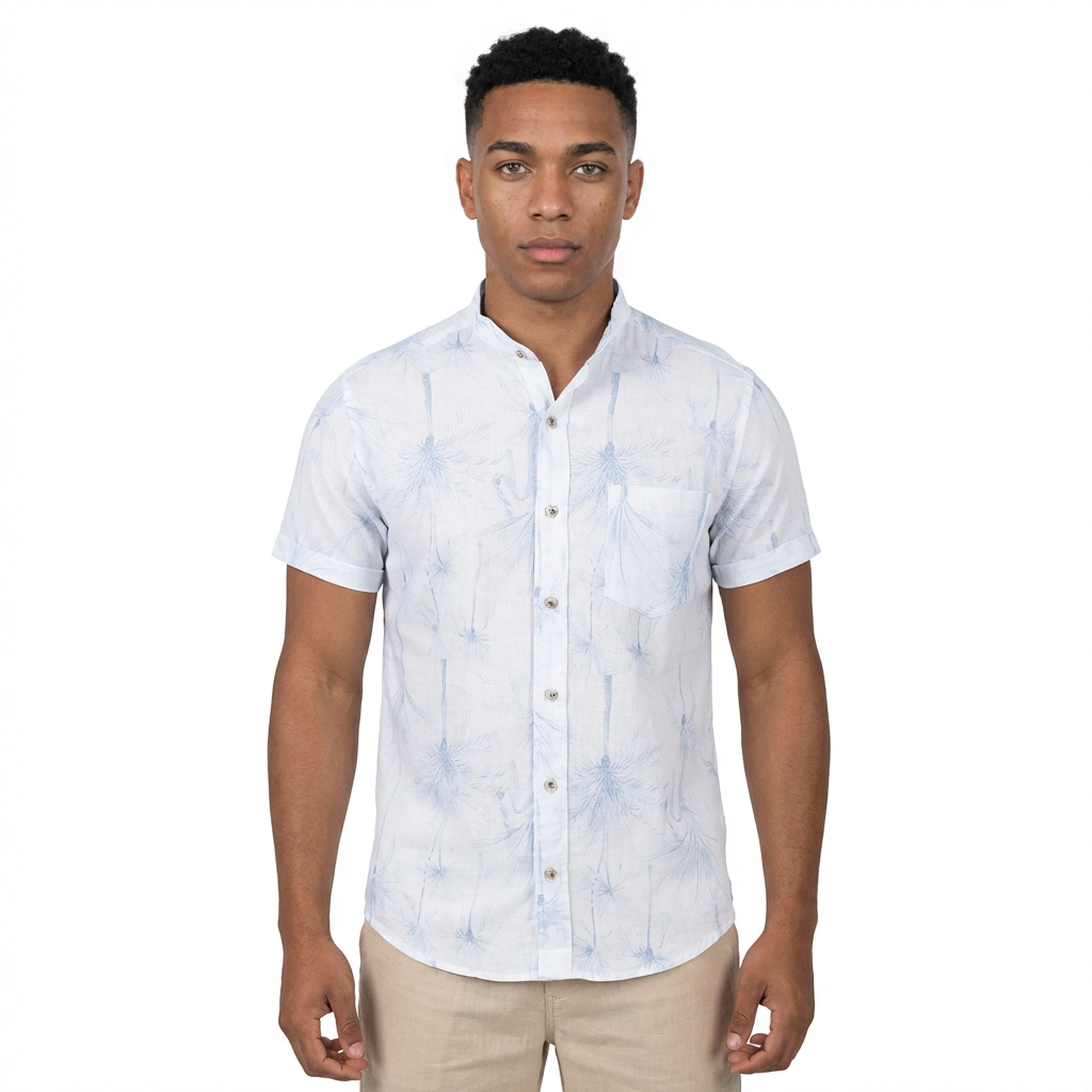 Camisa Lino Blanca Palmeras Azul Cielo - Manga Corta Verano