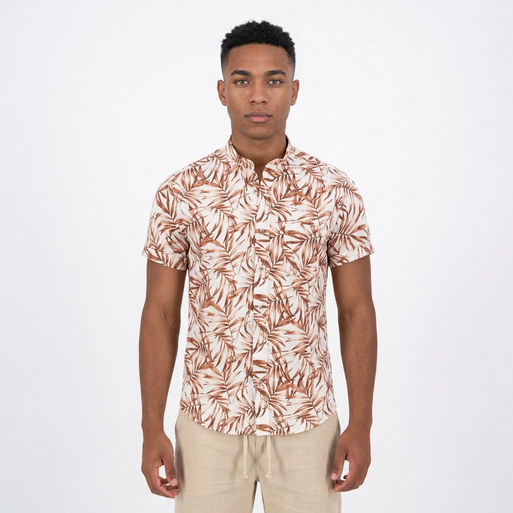 Camisa Lino Beige Hojas Terracota - Manga Corta Tonos Tierra