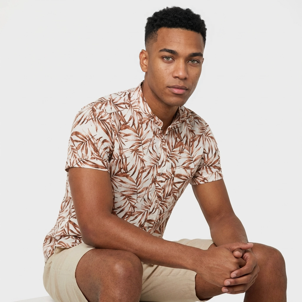 Camisa Lino Beige Hojas Terracota - Manga Corta Tonos Tierra