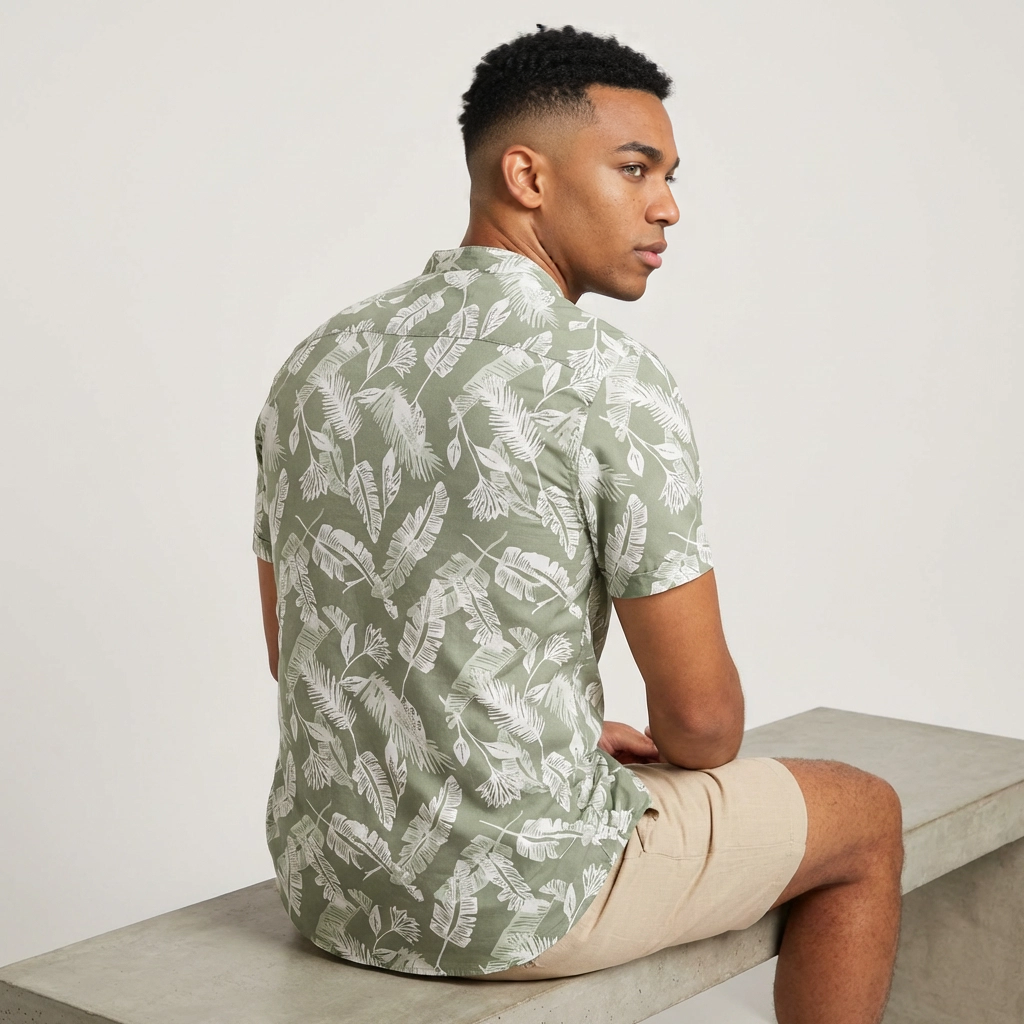 Camisa Popelina Verde Salvia Estampado Hojas Tropicales - Manga Corta Premium